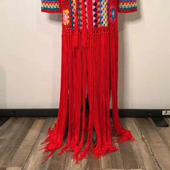 Retro Granny Square Colorful Crochet Long Fringe Cardigan - Picture 11 of 12